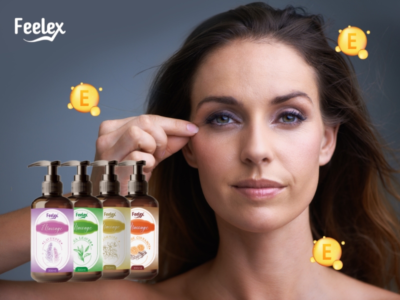 Dầu massage body Feelex có chứa vitamin E giúp làm dịu và ngăn ngừa nguy cơ lão hóa da 